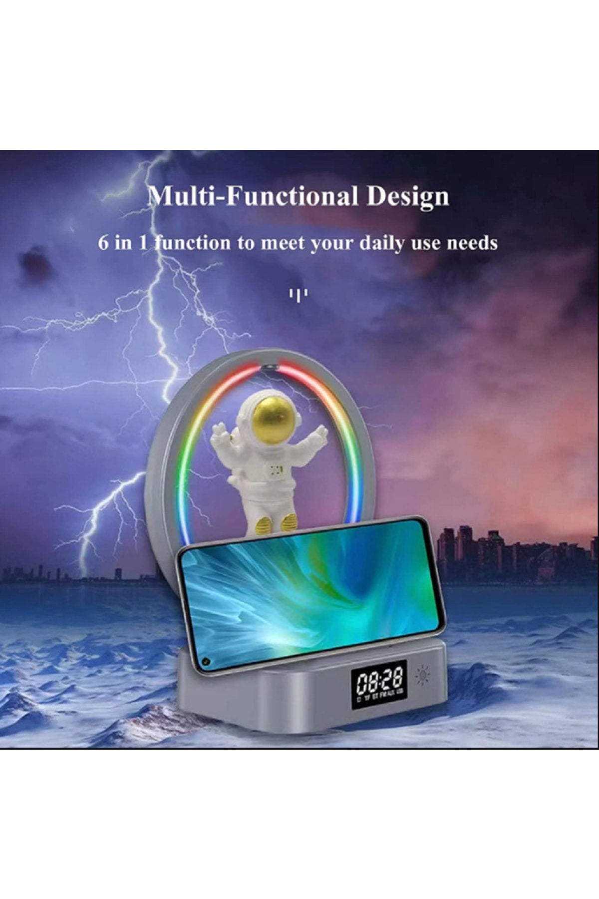 Çok Fonksiyonlu Astronot Kablosuz Şarj Standı Çalar Saat Hoparlör Rgb Iphone 14 13 12 Samsung Xiaomi