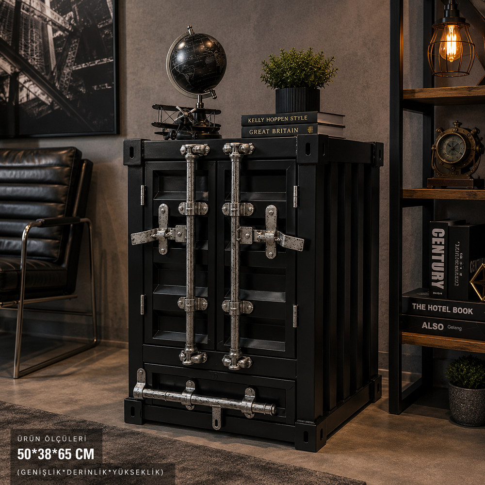 Konteyner Tasarımlı Dekoratif Dolap – Endüstriyel Raflı Saklama Dolabı 50x38x65 Cm