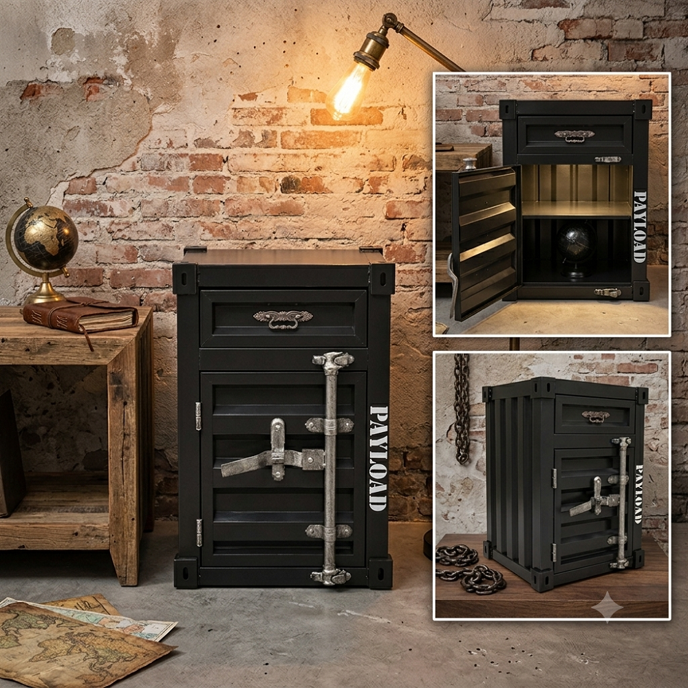 Endüstriyel Metal Konteyner Komodin - Mini Kasa Tasarımlı Yan Sehpa ve Dolap (40x38x65 cm)