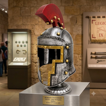 Roma Centurion Savaşçı Kaskı Standlı Obje - Masabaşı Altın Perçinli Eskitme Miğfer Dekorasyon (53x16 cm)