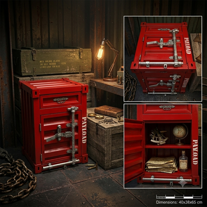 Endüstriyel Metal Konteyner Komodin - Mini Kasa Tasarımlı Yan Sehpa ve Dolap (40x38x65 cm)