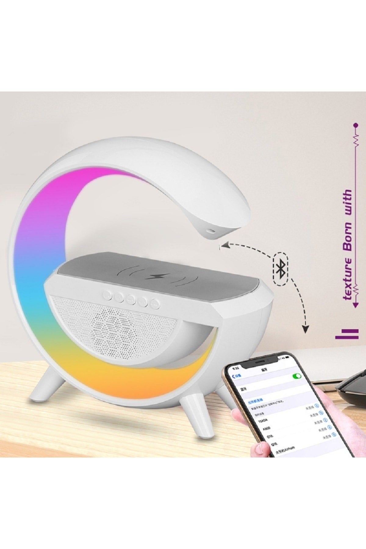 Bluetooth Ses Led Renkli Atmosfer Gece Lambası Çok Fonksiyonlu Kablosuz Mobil Şarj Cihazı