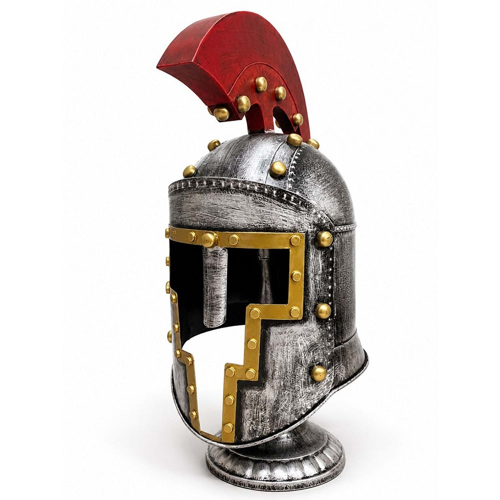 Roma Centurion Savaşçı Kaskı Standlı Obje - Masabaşı Altın Perçinli Eskitme Miğfer Dekorasyon (53x16 cm)