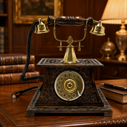 Antik Görünümlü Dekoratif Telefon – Ahşap İşlemeli Vintage Masa Telefonu