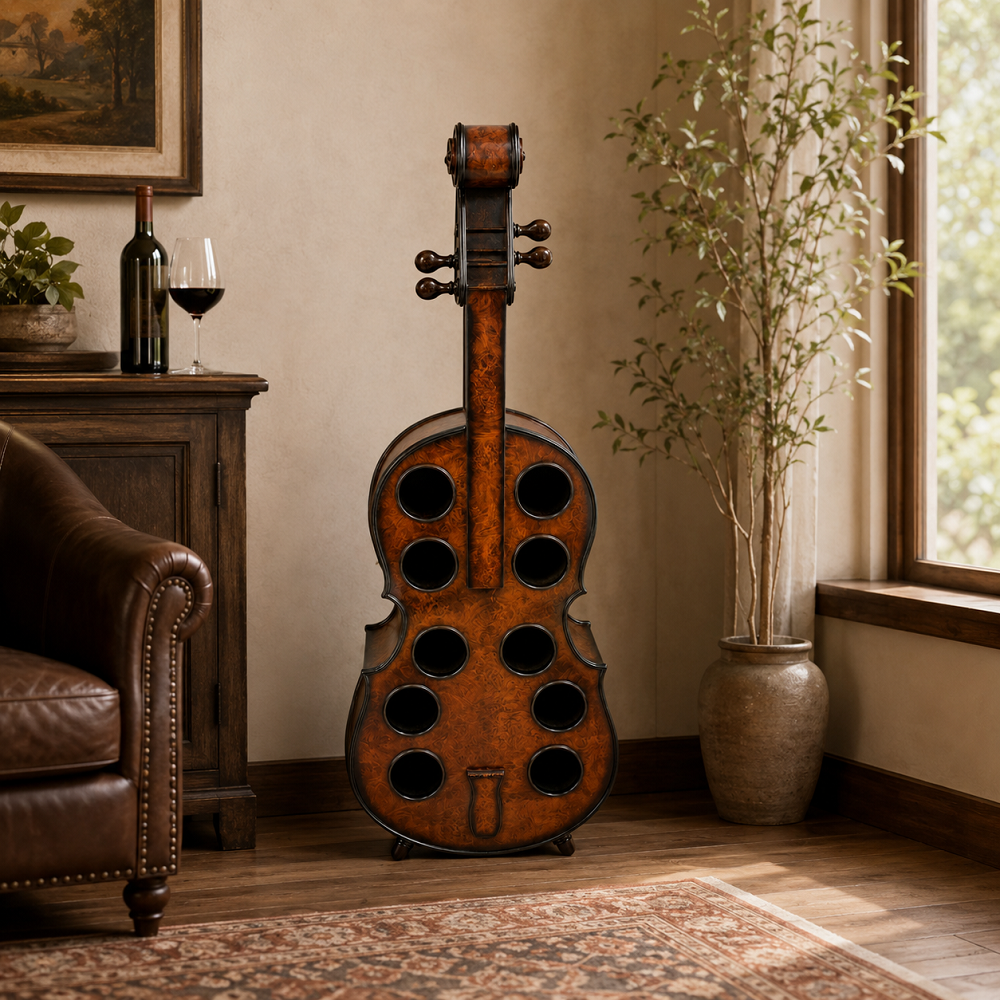 Keman Tasarımlı Ahşap Şaraplık – Dekoratif Çoklu Şişe Standı 137x19x43 Cm
