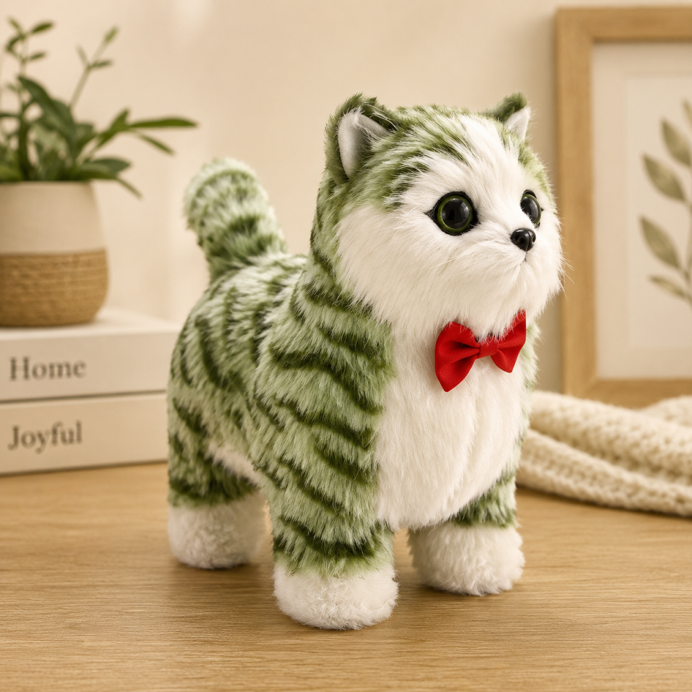 Sesli Hareketli Yürüyen Peluş Kedi Oyuncak Kırmızı Fiyonklu Sevimli Peluş Kedi 20x18 Cm Çocuk Hediye