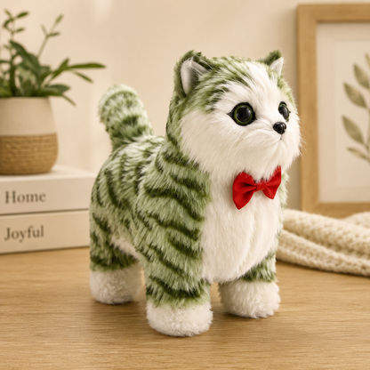 Sesli Hareketli Yürüyen Peluş Kedi Oyuncak Kırmızı Fiyonklu Sevimli Peluş Kedi 20x18 Cm Çocuk Hediye