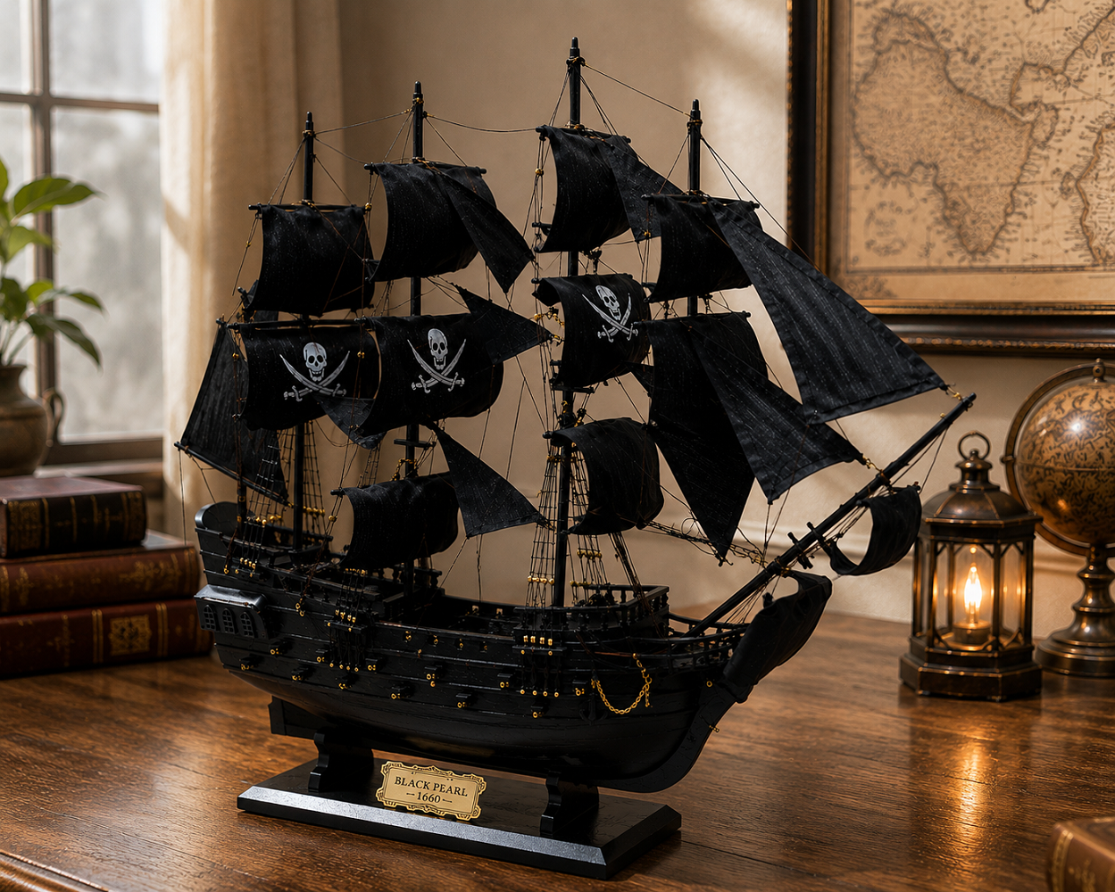 Black Pearl Dekoratif Korsan Gemisi Maketi | Büyük Boy Siyah Yelkenli Gemi Biblosu