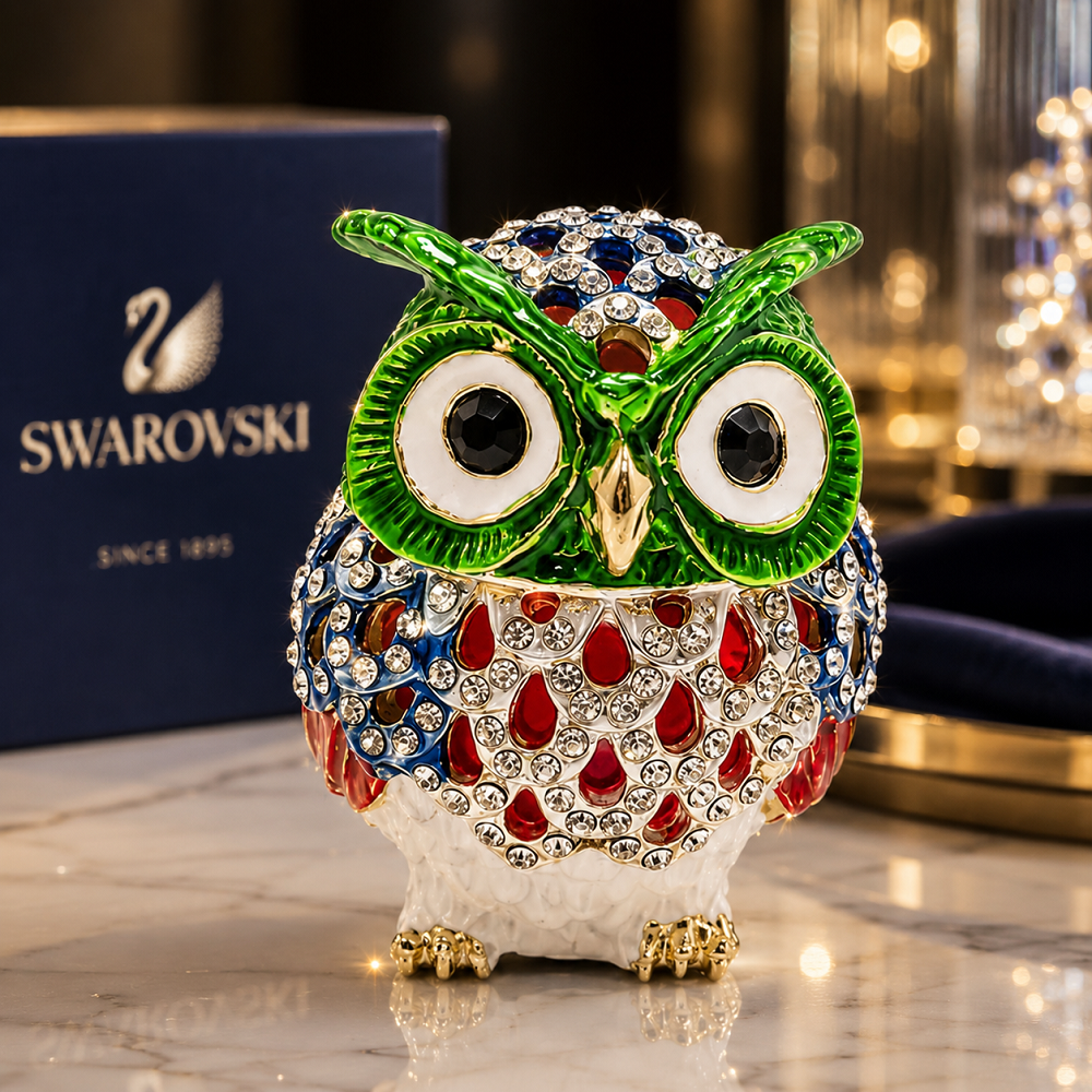 Swarovski Taşlı Baykuş Biblo | Renkli Kristal Görünümlü Dekoratif Baykuş Objesi