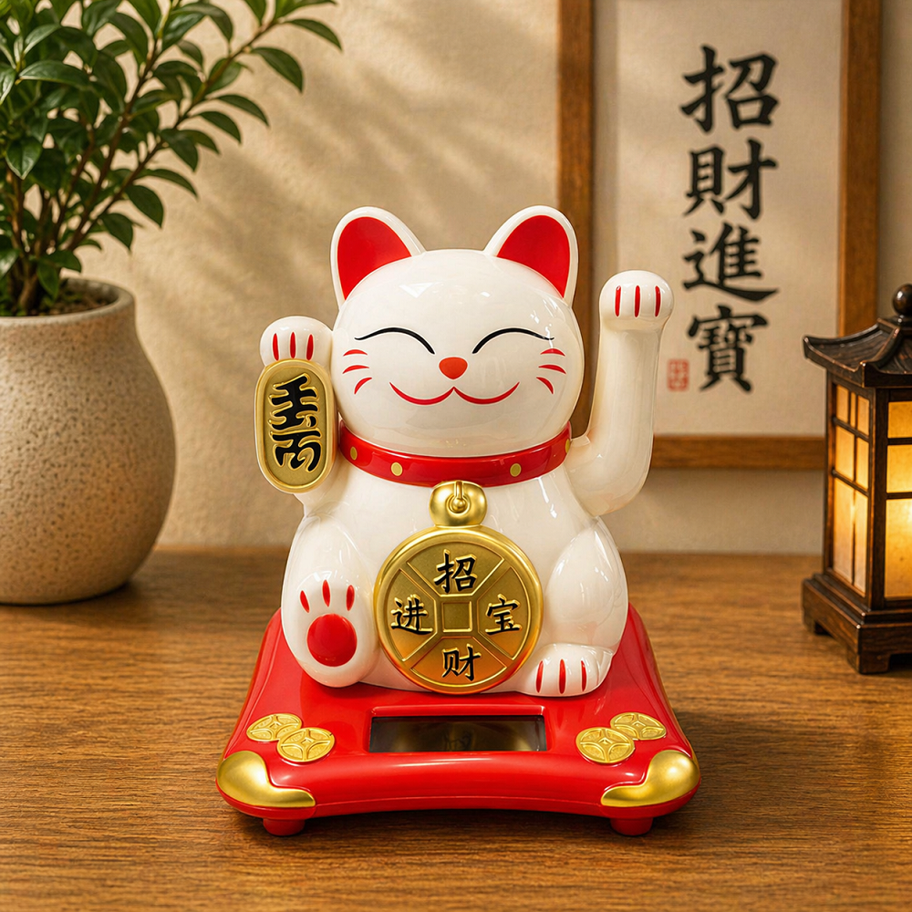 Solar Enerjili Şans Getiren Kedi Maneki Neko Dekoratif Biblo Feng Shui