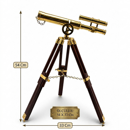 Tripod Ayaklı Dekoratif Teleskop – Pirinç Görünümlü Ahşap Standlı Nostaljik Dürbün