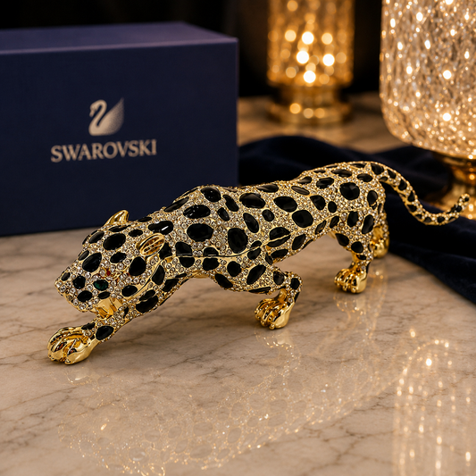 Swarovski Taşlı Dekoratif Leopar Biblo – Lüks Siyah Gold Tasarım 40 Cm