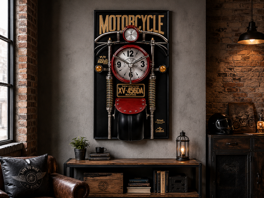 Siyah Motosiklet Temalı Dekoratif Duvar Saati – Vintage Motor Tasarımlı Büyük Boy Duvar Dekoru 120x60x18 Cm
