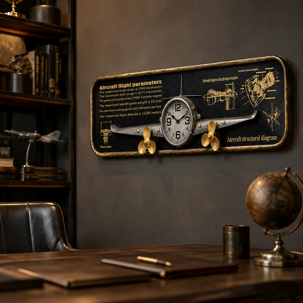 Dekoratif Uçak Tasarımlı Duvar Saati – Havacılık Temalı Vintage Metal Duvar Dekoru 78x21x8 Cm