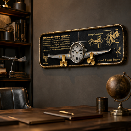 Dekoratif Uçak Tasarımlı Duvar Saati – Havacılık Temalı Vintage Metal Duvar Dekoru 78x21x8 Cm