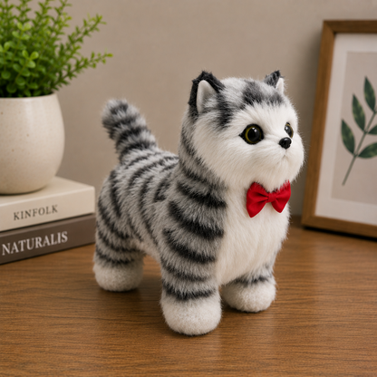 Sesli Hareketli Yürüyen Peluş Kedi Oyuncak Kırmızı Fiyonklu Sevimli Peluş Kedi 20x18 Cm Çocuk Hediye