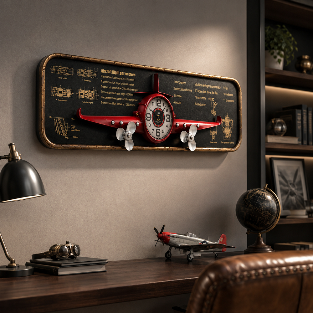 Dekoratif Uçak Tasarımlı Duvar Saati – Havacılık Temalı Vintage Metal Duvar Dekoru 78x21x8 Cm