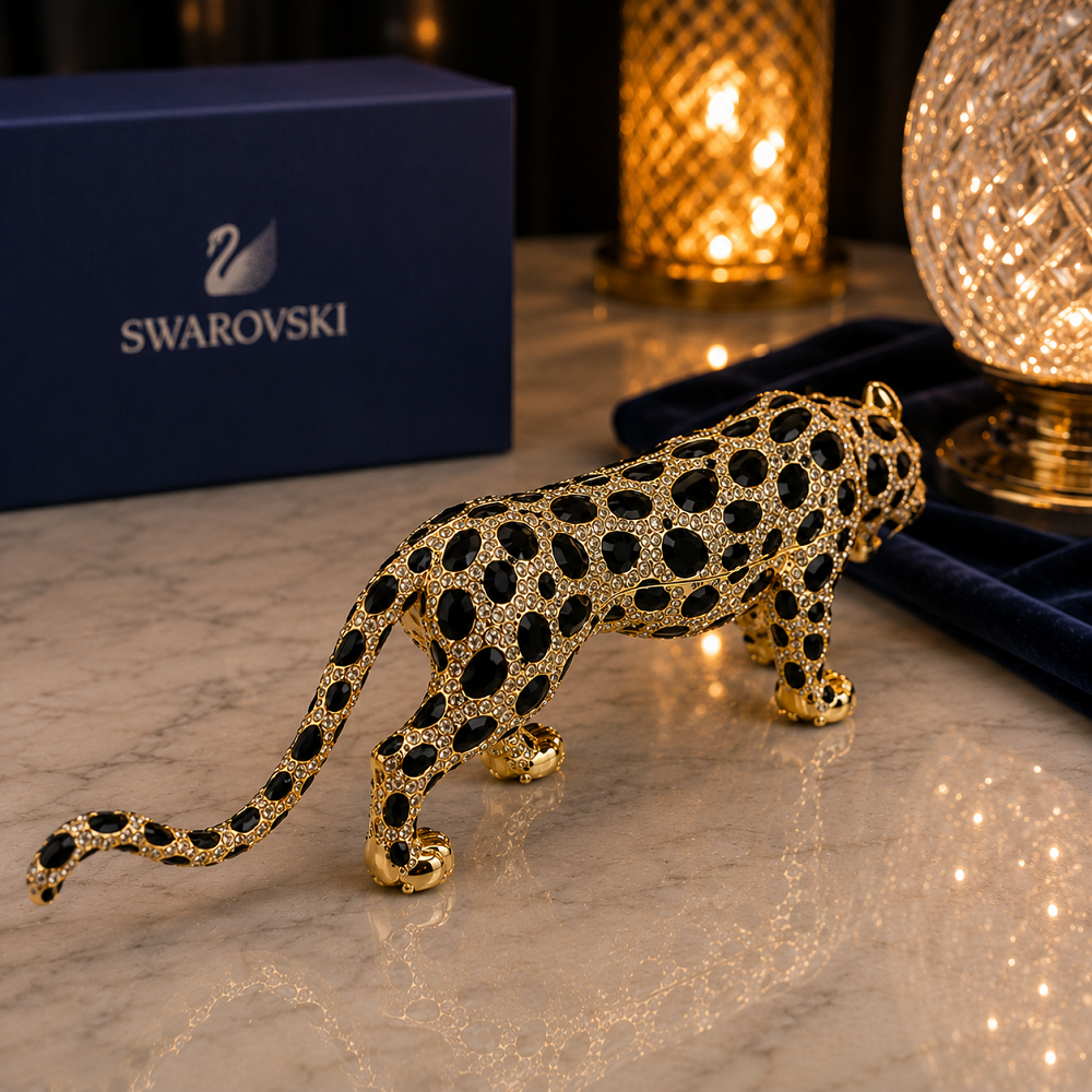 Swarovski Taşlı Dekoratif Leopar Biblo – Lüks Siyah Gold Tasarım 40 Cm