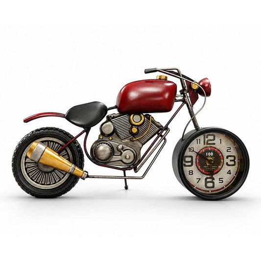 Dekoratif Motosiklet Masa Saati – Kırmızı Vintage Motor Tasarımlı Metal Masa Dekoru 44x8x24 Cm