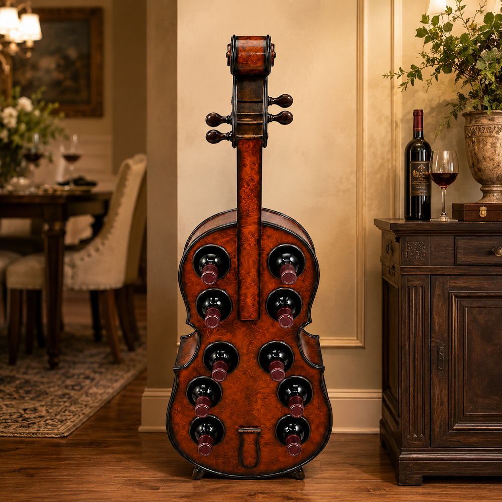 Keman Tasarımlı Ahşap Şaraplık – Dekoratif Çoklu Şişe Standı 137x19x43 Cm