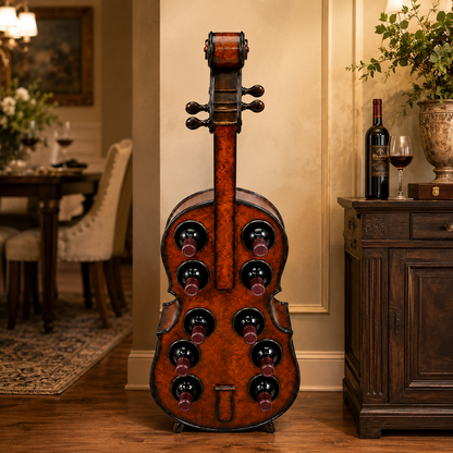 Keman Tasarımlı Ahşap Şaraplık – Dekoratif Çoklu Şişe Standı 137x19x43 Cm