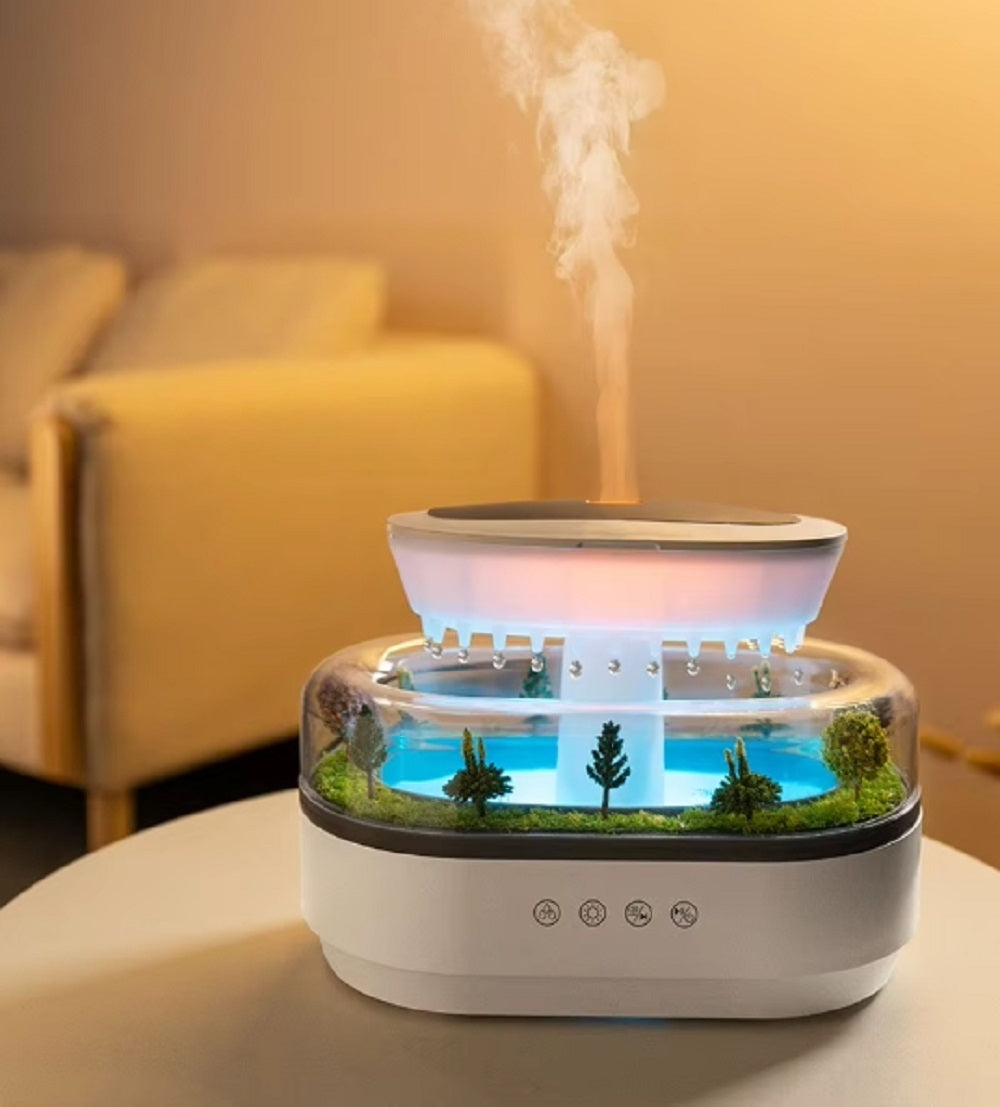 Yeni Simüle Yağmur Damlası Aromaterapi Difüzör Orman Yeşil Manzara Esansiyel Yağı Nemlendirici Doğal Beyaz Gürültü Müzik