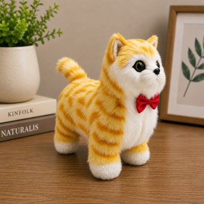 Sesli Hareketli Yürüyen Peluş Kedi Oyuncak Kırmızı Fiyonklu Sevimli Peluş Kedi 20x18 Cm Çocuk Hediye