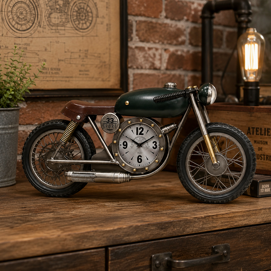 Dekoratif Motosiklet Saat – Vintage Yeşil Motor Tasarımlı Büyük Boy Metal Masa Dekoru 96x13x45 Cm