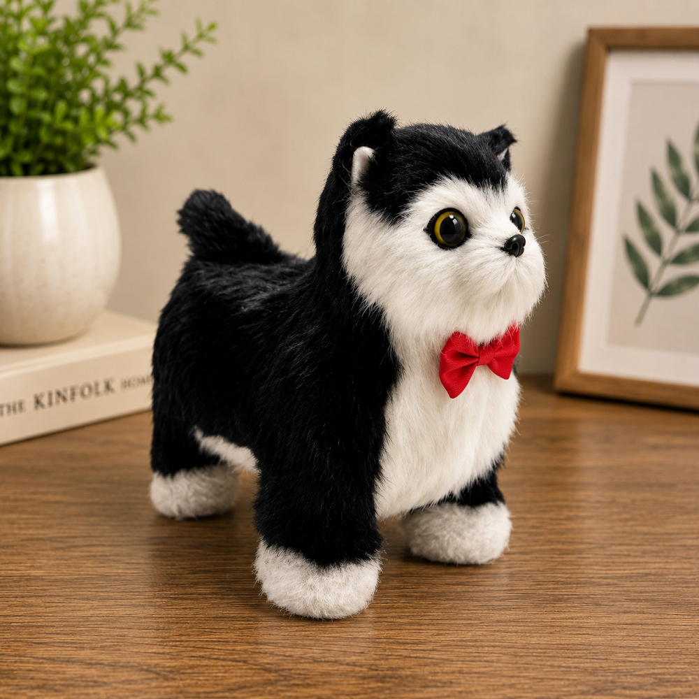 Sesli Hareketli Yürüyen Peluş Kedi Oyuncak Kırmızı Fiyonklu Sevimli Peluş Kedi 20x18 Cm Çocuk Hediye