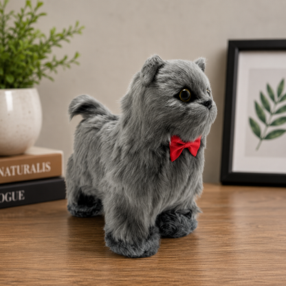 Sesli Hareketli Yürüyen Peluş Kedi Oyuncak Kırmızı Fiyonklu Sevimli Peluş Kedi 20x18 Cm Çocuk Hediye