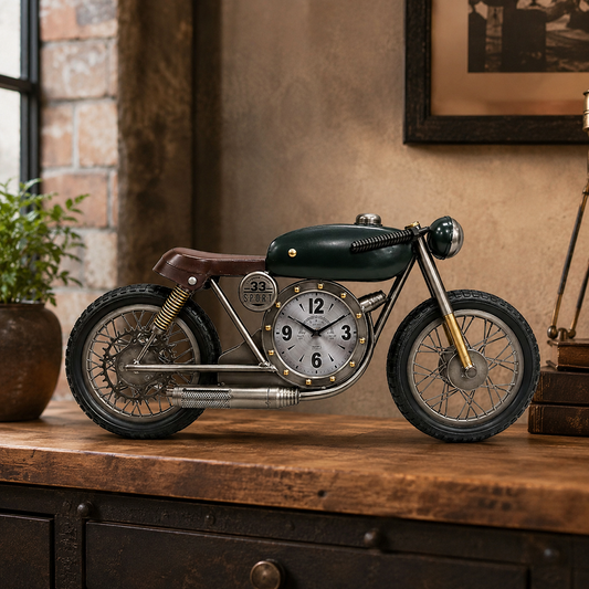 Dekoratif Motosiklet Saat – Vintage Yeşil Motor Tasarımlı Büyük Boy Metal Masa Dekoru 96x13x45 Cm