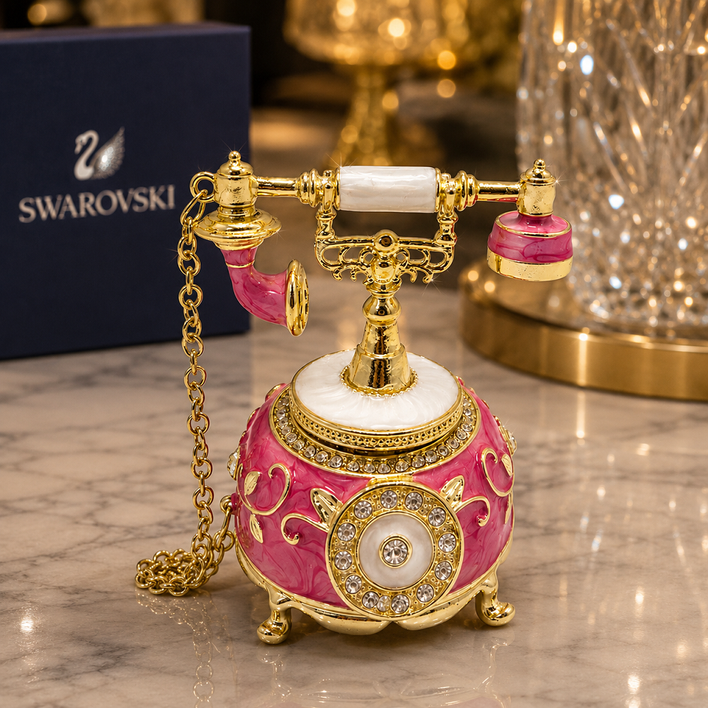 Swarovski Taşlı Nostaljik Telefon Biblo 8 CM | Dekoratif Vintage Telefon Objesi