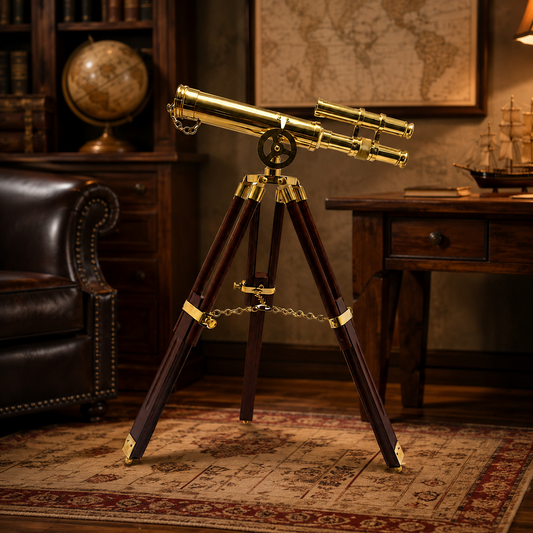 Tripod Ayaklı Dekoratif Teleskop – Pirinç Görünümlü Ahşap Standlı Nostaljik Dürbün