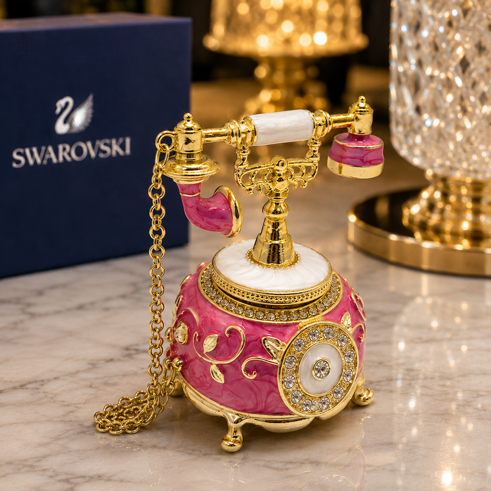 Swarovski Taşlı Nostaljik Telefon Biblo 8 CM | Dekoratif Vintage Telefon Objesi
