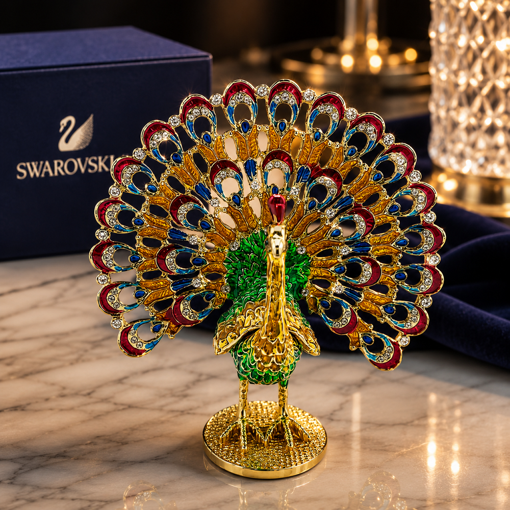 Swarovski Taşlı Tavus Kuşu Biblo | Lüks Dekoratif Kristal Görünümlü Obje
