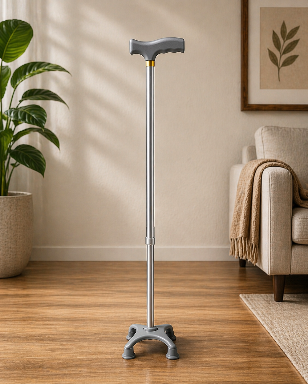 Metal 4 Ayaklı Ayarlanabilir Destek Bastonu T Saplı Ergonomik Kaymaz Taban 102 Cm