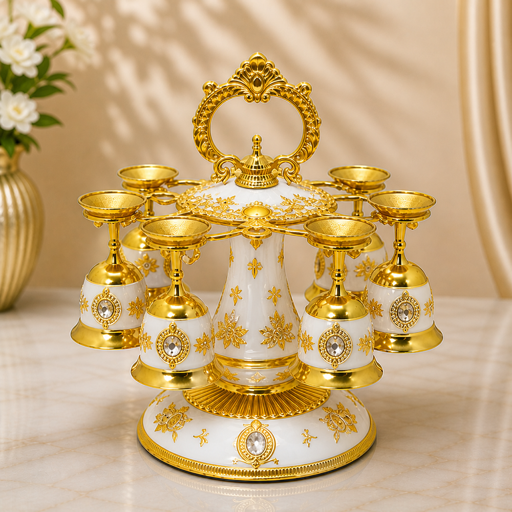 6’lı Lüks Sunum ve Dekoratif Kadeh Seti – Gold Detaylı Özel Tasarım Şık Servis Standı